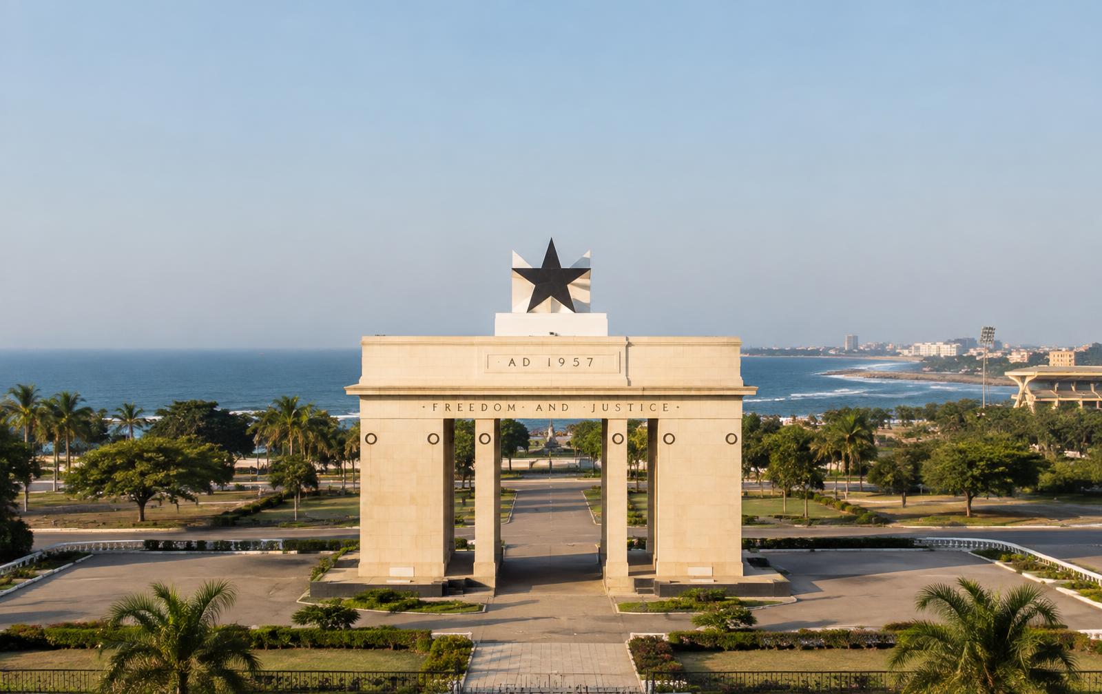 Illustrative view of Ghana’s Independence Arch and Atlantic coastline