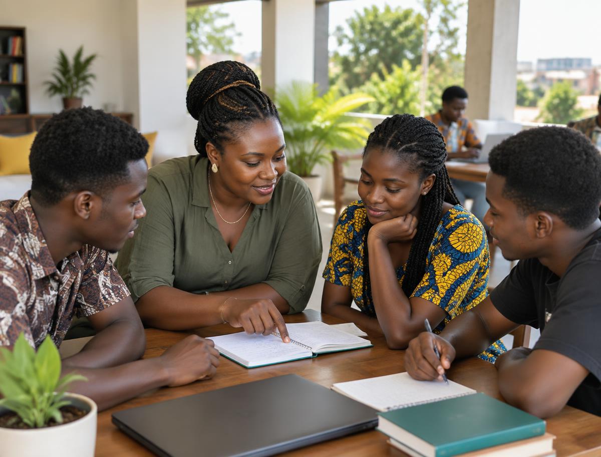 Illustrative Ghanaian mentor and young adults collaborating in a community learning space